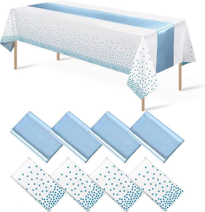 8Pack Disposable Plastic Tablecloths and Satin Table Runner Set White and Light by MASHAN