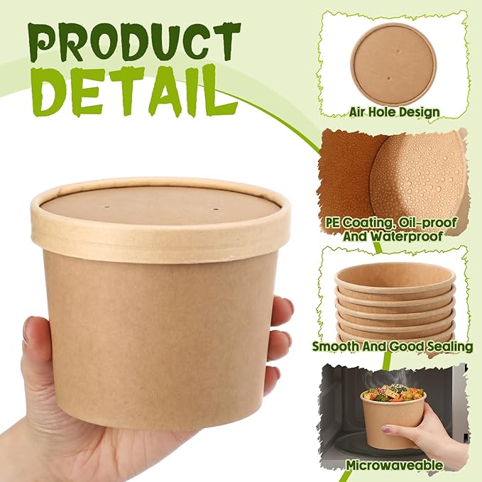Fulmoon 100 Pack Paper Soup Containers with Lids Disposable Paper Food Containers with Vented Lid Kraft Ice Cream Cake Dessert Cups Soup Bowl for Party Hot Food Fruit Microwave(20 oz,Brown)