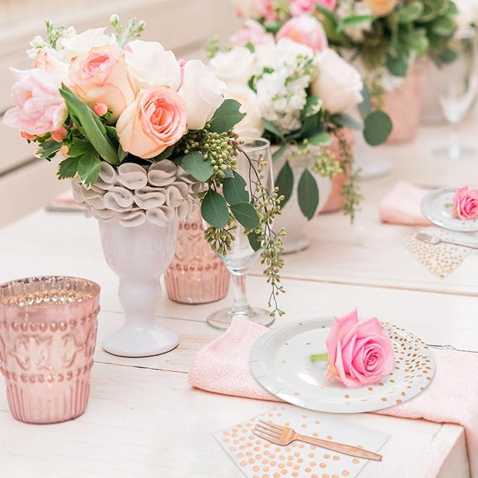 Serves 35 Guests White and Rose Gold Party Supplies,White and Rose Gold Birthday Paper Plates and Napkins,7" Disposable Party Dinnerware for Women