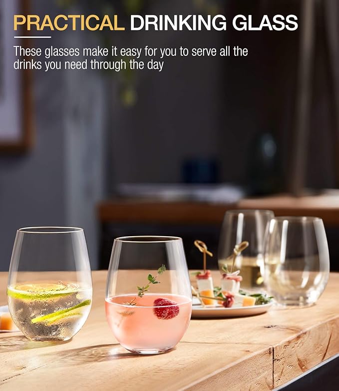 LUNA & MANTHA Stemless Wine Glasses Set of 4, 18oz Crystal Red White Wine Glasses for Daily Use, Hosting, Home Bar, Evening Party, Birthdays, Shower, Housewarming Gift, Clear