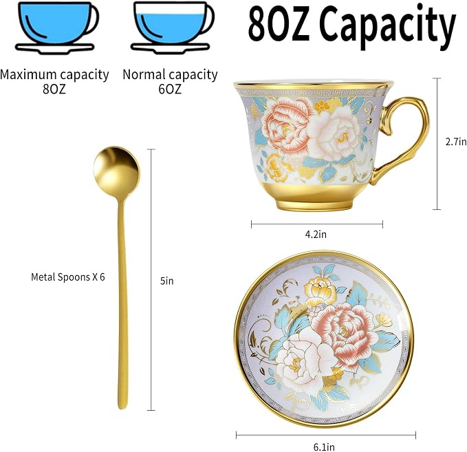 Tea Cups and Saucers, Tea Cup Set of 6, 8 OZ Floral Cups Porcelain Cup Set - Image 2