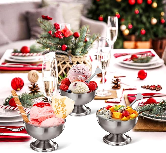 Totority Stainless Steel Ice Cream Bowls 4 Set – Footed Dessert Cups for Sundae, Yogurt, Pudding, Fruit Salad, Snacks Stackable Serving Dishes for Home Parties Restaurants with Modern Polished Look
