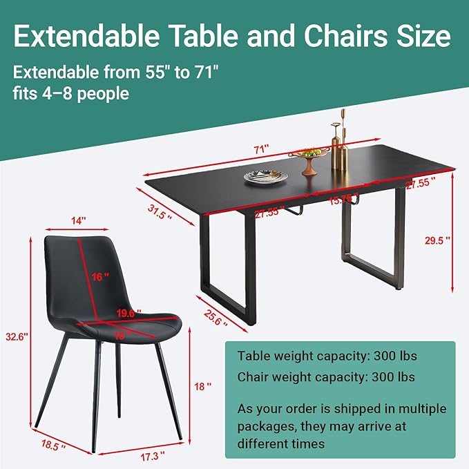 Extendable Dining Table Set for 8, 55"–71" Modern Black Kitchen Table with 8 Upholstered Chairs, Space-Saving for Living Room Apartment, Sturdy & Comfortable, Easy Assembly