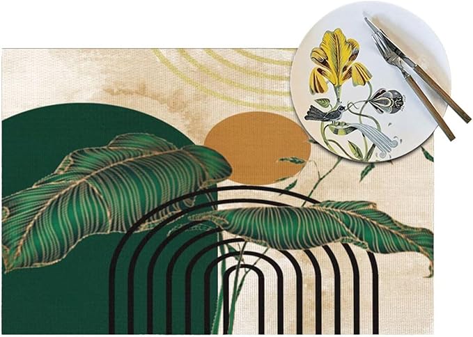 Abstract Emerald Placemats Minimalist Modern Contemporary Aesthetic Vintage Arch Neutral Washable Place Mats 12x18Inch for Dining Kitchen Farmhouse Decor 4 PCS