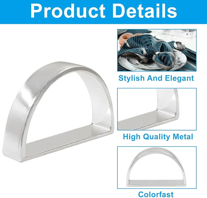 Matte Silver Napkin Rings Set of 12, Semicircle Metal | 48mm, Elegant Modern - Image 2