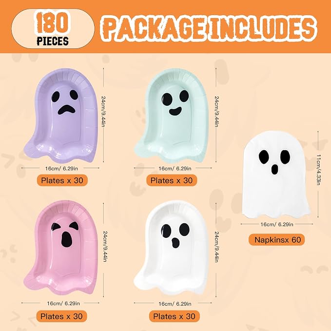 180Pcs Halloween Ghost Party Supplies Paper Plates and Napkins Serve 60 | - Image 2