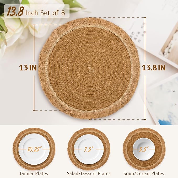 13.8 in Round Woven Placemats Set of 8, Washable Cotton Rope Place Mats for Dining Table Decor, Boho Farmhouse Rustic Table Mats Plate Chargers for Dinner Plates