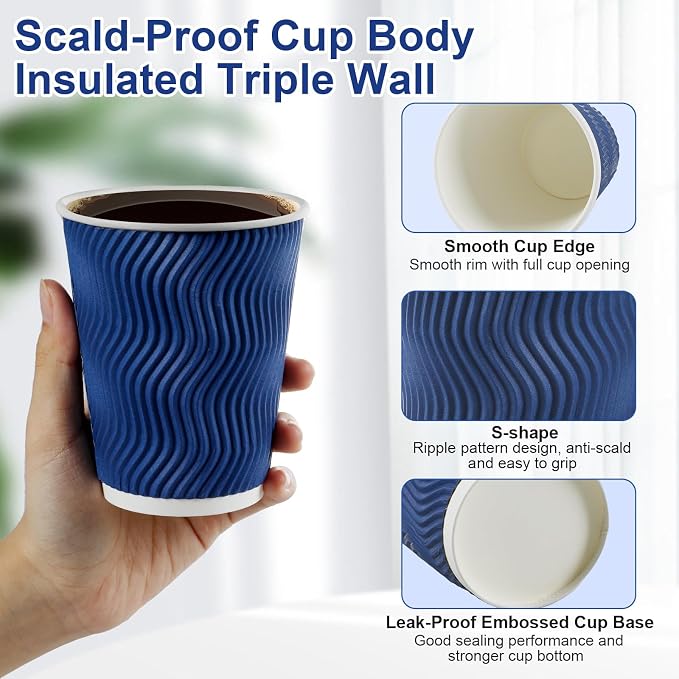 RAZCC Coffee Cups, 120 Pack 12 oz Disposable Insulated Paper Cups, Corrugated - Image 3