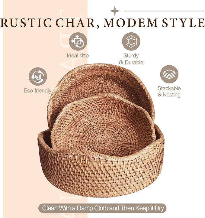 11.2" Large Wave Rattan Bread Basket for Fruit, Natural Wicker Fruit Basket for Kitchen Counter, Hand Woven Food Baskets, Bread Baskets for Serving, Fruit, Vegetable, Candy, Nuts, Keys, Wallets, Etc.