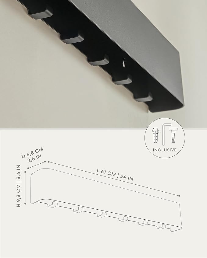 Kazai.® Coat Rack Wall Mount with Shelf 'Tone' | Modern Design Coat Hanger with Hidden Hooks and Storage | Hat Rack with Shelf in Metal | Wall-Mounted Purse Organizer | Black