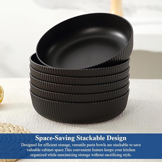 HOMQUEN Pasta Bowls Set of 6, 37oz Salad Bowls Black Soup Bowls, Large Pasta - Image 6