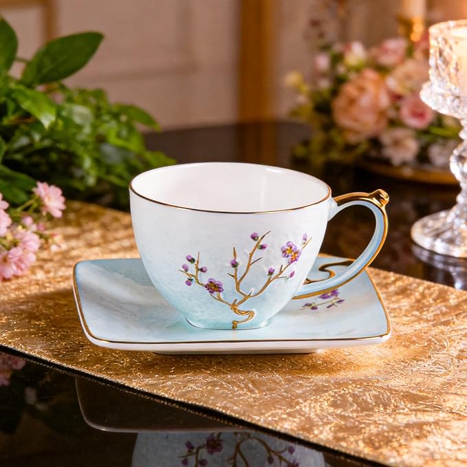 KAMMAK Tea Cups and Saucers Set of 2, Fine Bone China Coffee Cups, GH025 | - Image 4