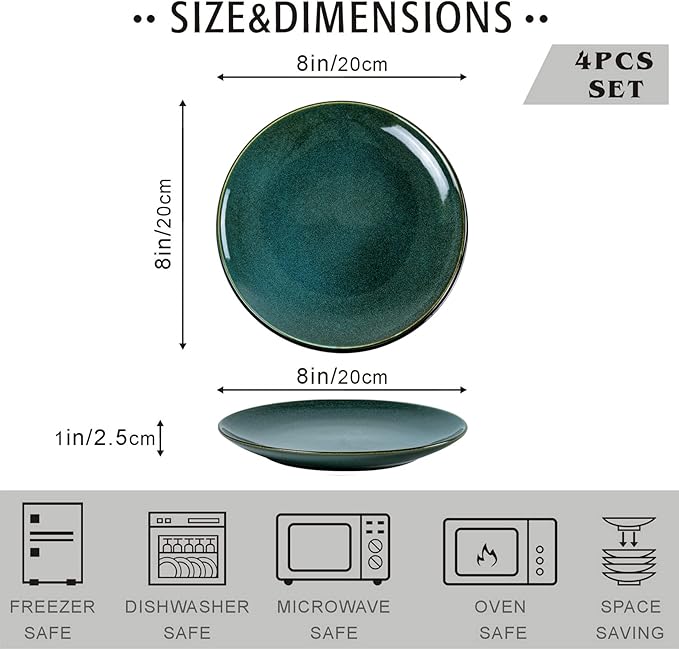 UNICASA Cremic Dessert Plates Set of 4-8 Inch Ceramic Dinner Plates Dinnerware Oven Microwave Safe for Salad, Scratch Resistant, Kitchen Serving Dish, Olive