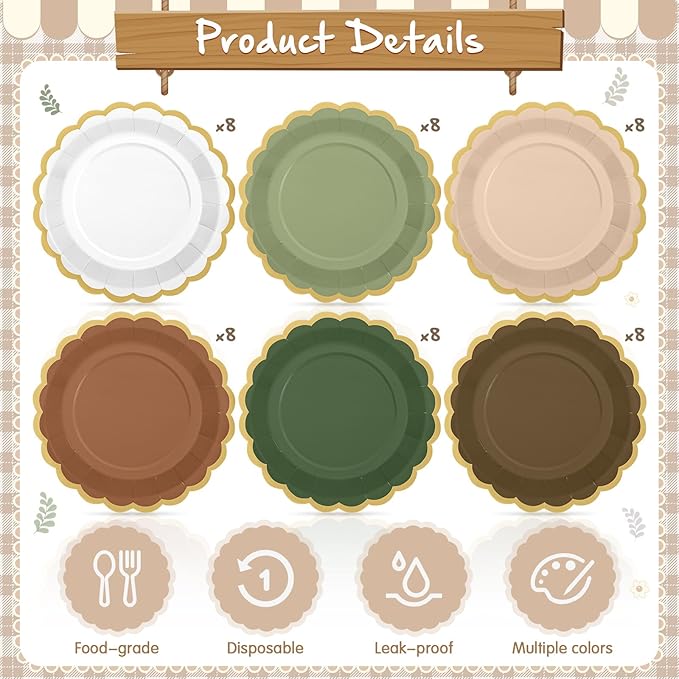 48 Pcs Woodland Green and Brown Paper Plates 9 Inch Gradient Scalloped Paper Disposable Dinner Dessert Plates for Birthday Wedding Bridal Party Supplies, 6 Colors