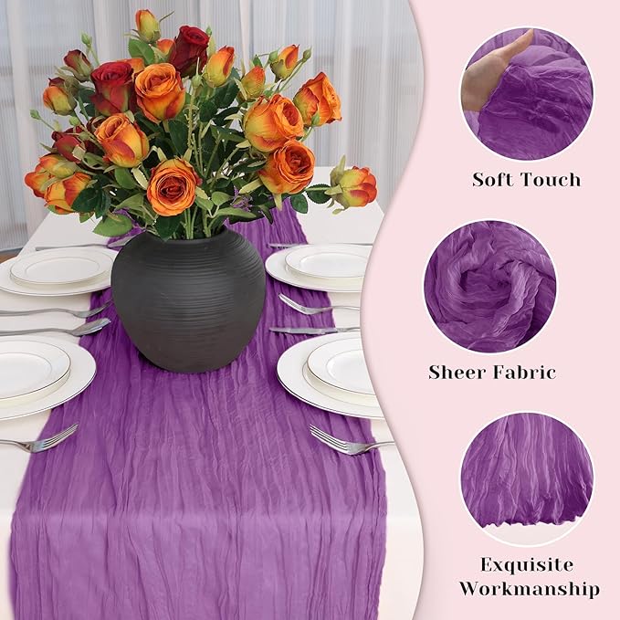 Purple Table Runner, 10 Ft 120 in Cheesecloth Table Runner, Rustic Table Runners for Wedding, Party, Bridal Shower, Spring Table Runners for Halloween Mardi Gras