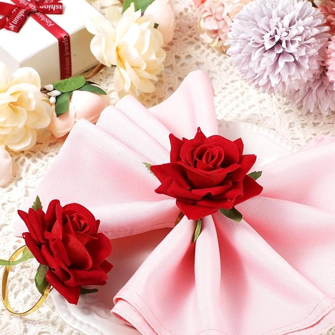 Honeydak 24 Set Valentine's Day Napkin Ring Rose Flower Metal Napkin Ring Designed with Rose Serviette Buckle for Valentine's Day Wedding Anniversary Party Dinner Table Decoration (Red)