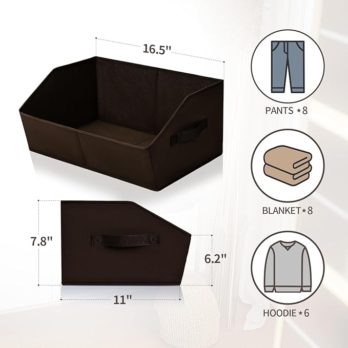Closet Baskets for Shelves Trapezoid - Decorative Storage Baskets with Handle, Closet Bins for Organization, Shelf Storage Bins for Clothes, Books, Home, Office, 3 Pack, Brown