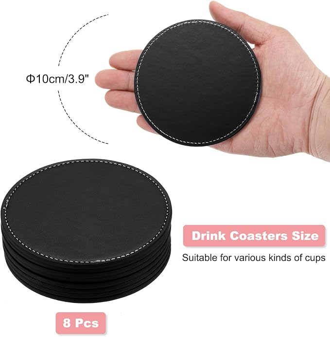 uxcell Round Drink Coasters Set of 8 White Stitched Dual Sided Non-Slip - Image 2