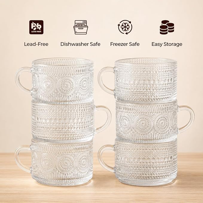 6-Pack Vintage Hobnail Glass Coffee Mugs, 14 oz Tea Cups - Image 7