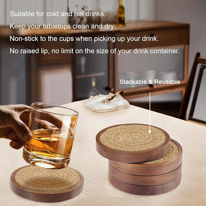 Wood Coasters for Drinks, Eykao Absorbent Coaster Sets of 5, Woven Drink - Image 4
