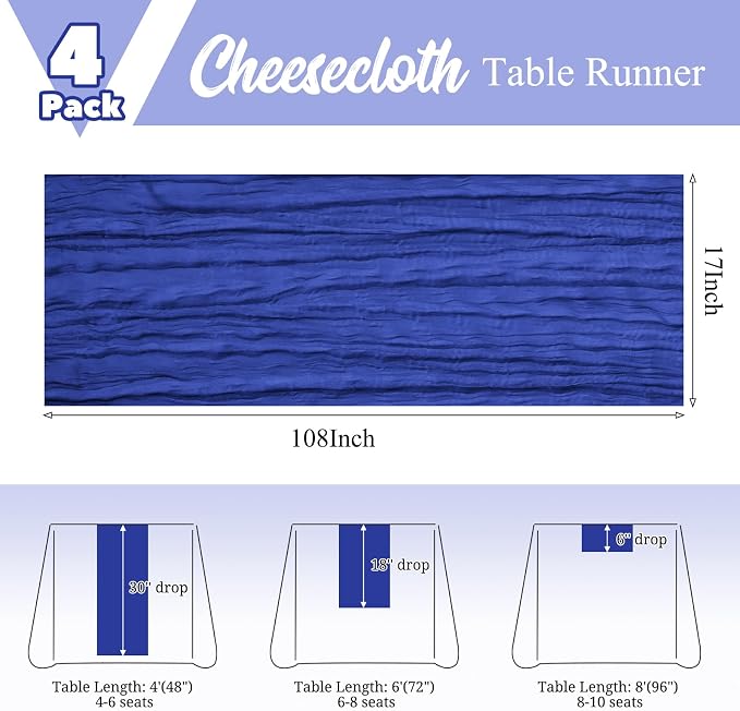 4 Pack Royal Blue Table Runners 17 x 108inch Cheesecloth Table Runner Boho - Image 3