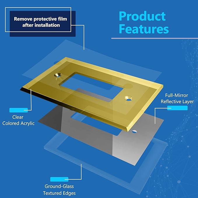LIDER Reflective Acrylic Decorator Wall Plate, Mirrored Light Switch Plate, Plexiglass Outlet Cover, Acrylic Glass, Oversized 1-Gang 5.25" x 3.44", LWP-31O-AGD, Gold