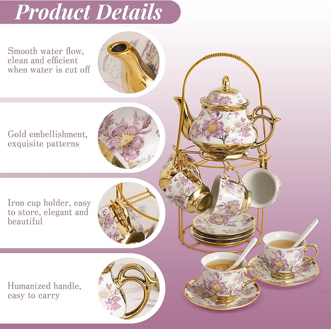 Ceramic Tea Set 20 Pcs, 700ml/23oz Porcelain Tea Pot Sets - Image 5