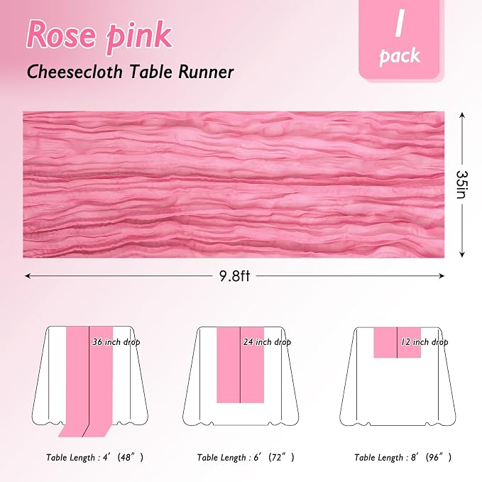 12 Pack Rose Pink Cheesecloth Table Runner 120 Inch Boho Wedding Decor | - Image 2
