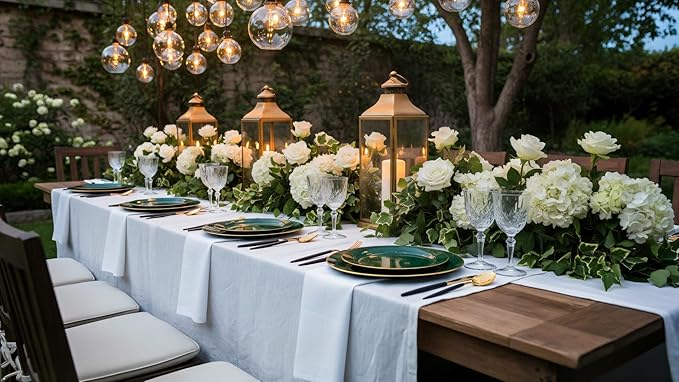 Liacere 150PCS Green Plastic Plates - Gold Plastic Silverware with Green Handle - Heavy Duty Fancy Plastic Plates Disposable Include 30 Guests Plates, Forks, Spoons, Knives for wedding＆Christmas