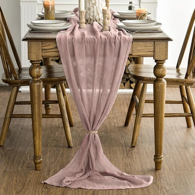 Artoid Mode Boho Cheesecloth Gauze Dusty Pink Wedding Table Runner, 120 Inch - Image 2