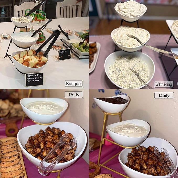 3 Tier Serving Bowls with Stand, Serving Dishes Chips and Dip Serving Set for Entertaining Party, Ceramic Serving Bowl Food Display for Fruit Salad Soup Snacks, Microwave & Dishwasher Safe