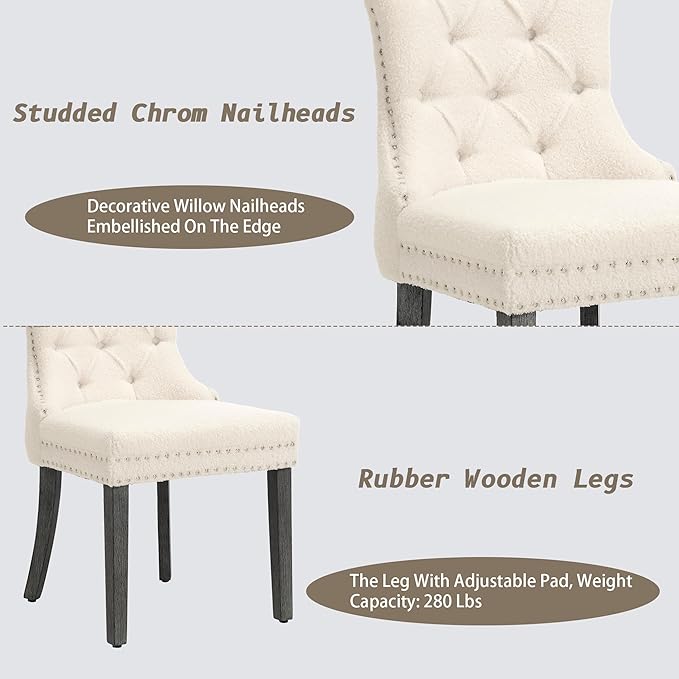 KCC Boucle Dining Chairs Set of 2, Upholstered High-end Tufted Dining Room Chair with Nailhead Back Ring Pull Trim Solid Wood Legs, Contemporary Nikki Collection Modern Style for Kitchen, Cream