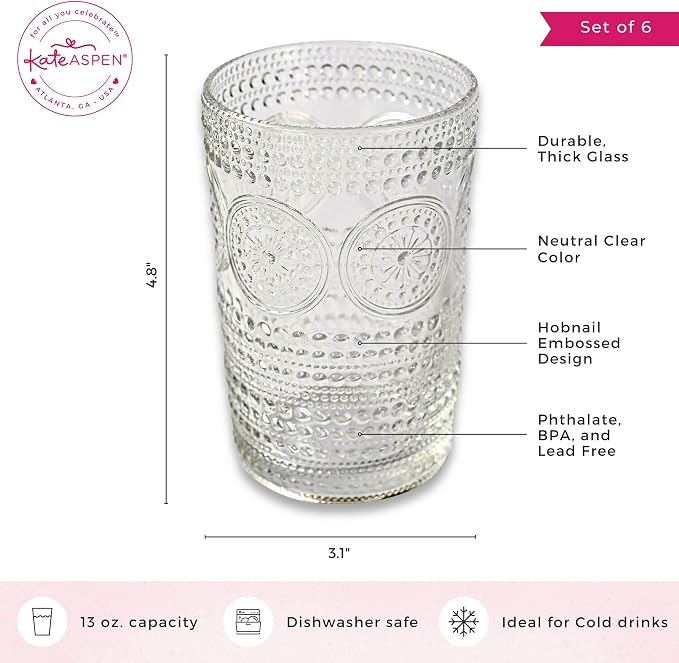 Kate Aspen Hobnail Beaded Floral Clear Drinking Glasses_Set of 6, Vintage - Image 6