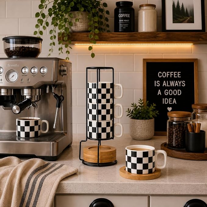 LUKA Porcelain Stackable Black and White Checkered Espresso Cups - Image 8