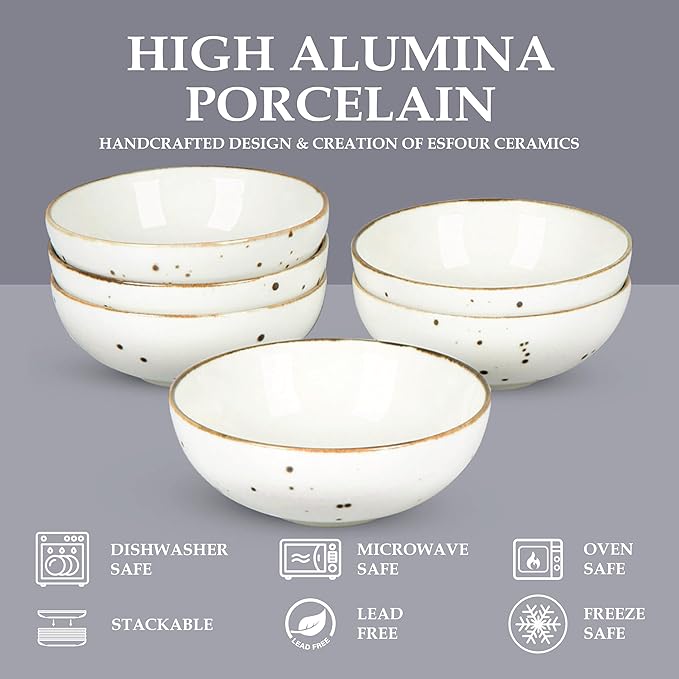 Esfour Round Porcelain Bowls - 20 Ounce - Set of 6 - Microwave, Oven, Dishwasher-Safe, Scratch Resistant, Porcelain Durable Small Dishes Bowls for Cereal, Salad, Pasta, Soup Dessert - Assorted Classic