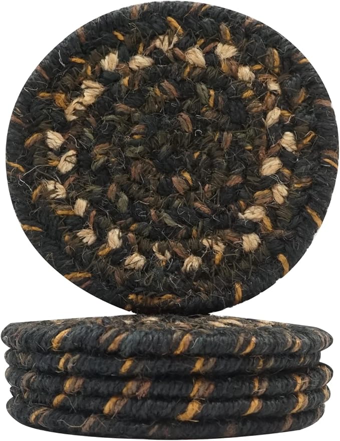 Homespice Kilimanjaro Jute Braided Rope Coasters 4", Warm Primitive Decor, Set of 6, Black and Tan - Durable, Absorbs Moisture, Easy to Clean and Protects Furniture