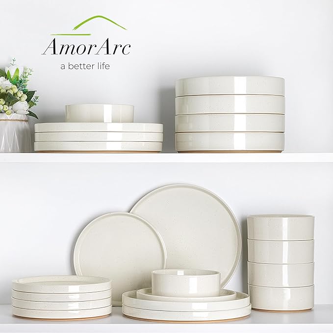 AmorArc Ceramic Dinner Plates Set of 6, 10.25 Inch Stoneware Plates for Kitchen,Modern Flat Dinnerware Dishes Set,Microwave& Dishwasher Safe, Scratch Resistant-Beige
