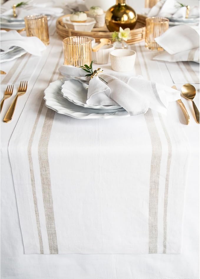Solino Home 100% Linen Table Runner, 14 x 156 in, Natural and White Striped | by SolinoHome