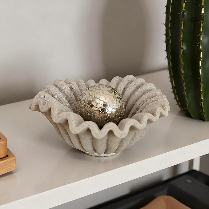 Small Decorative Bowl decor, Scalloped Pedestal Bowls for Modern Home Decor,Ruffle Decor,Stylish Key Bowl for Entry Table,Decorative Fruit Bowl for Kitchen Counter,Artificial Stone Beige