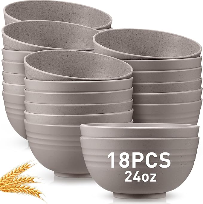 Geosar 18 Pcs Unbreakable Cereal Bowls 24 Oz Microwave and Dishwasher Safe Wheat Straw Fiber Lightweight Bowl for Soup Kitchen Serving Salad Dishes Oatmeal(Gray)