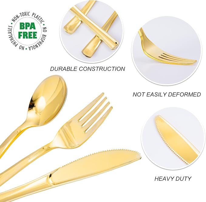 500PCS Gold Plastic Silverware, Disposable Plastic Cutlery/Utensils | Heavy - Image 4