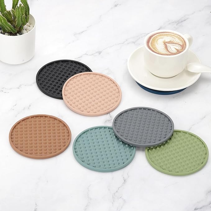 uxcell Set of 6 Round Drink Coasters with Holder, 4" Silicone Coaster for Drinks Non-Slip Cup Coaster Heat Resistant Glass Cushion for Bar Kitchen Office Decor, Gray(Pentagon)