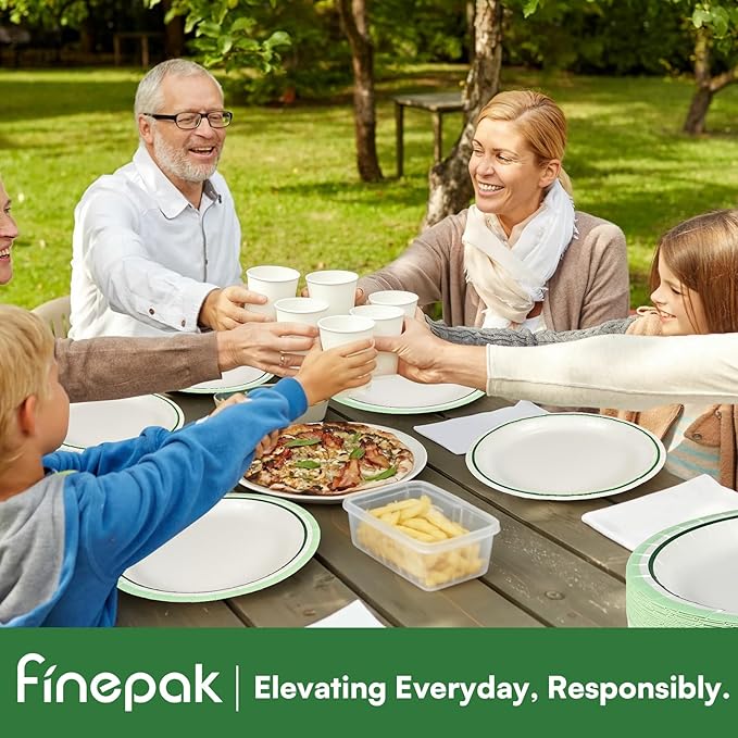 10'' Compostable Paper Plates With Green Circle Rims