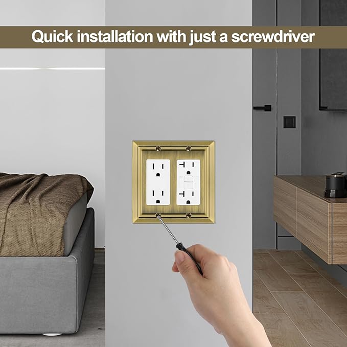 Metal Wall Plate for Electrical Outlets, Decorative Antique Brass Switch Plates Outlet Cover, Light Switch Cover Plate, 2-Gang Wall Plates (Double Decorator, 2 Pack)