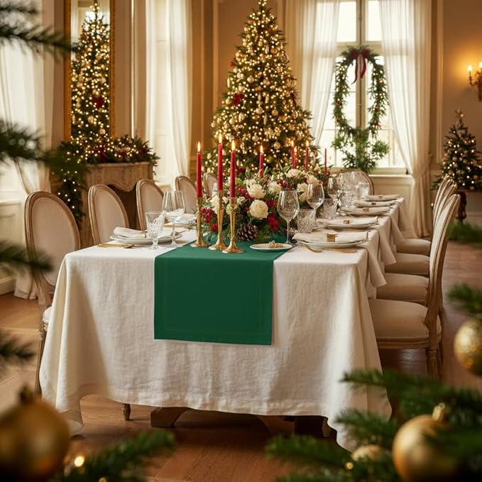 D'Moksha Homes Linen Table Runner 48 Inches - 100% Pure Linen Forest Green Table Runner 14 x 48 Inch for Coffee Tables, Dresser, St Patricks Day, Easter - Machine Washable