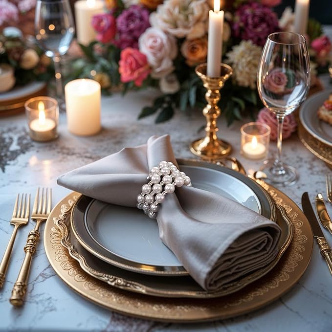 Decozen Set of 12 White Napkin Rings with Pearl Design, Festive, Table Decor Setting for Holiday, Wedding, Birthday, Kitchen, Home Decor, Housewarming Gift - Mothers Day Decorations