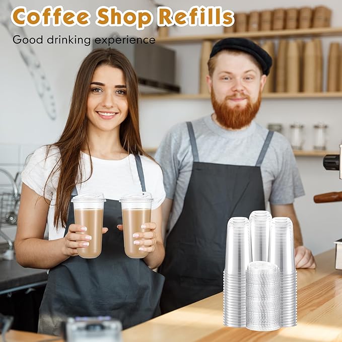 Baderke 100 Pcs Plastic Cups with Sip Lids Round Bottom Disposable Plastic Coffee Cups with Lids Clear Strawless Crystal Mugs for Iced Coffee Smoothie Cold Beverage Party Catering Supplies (20 oz)