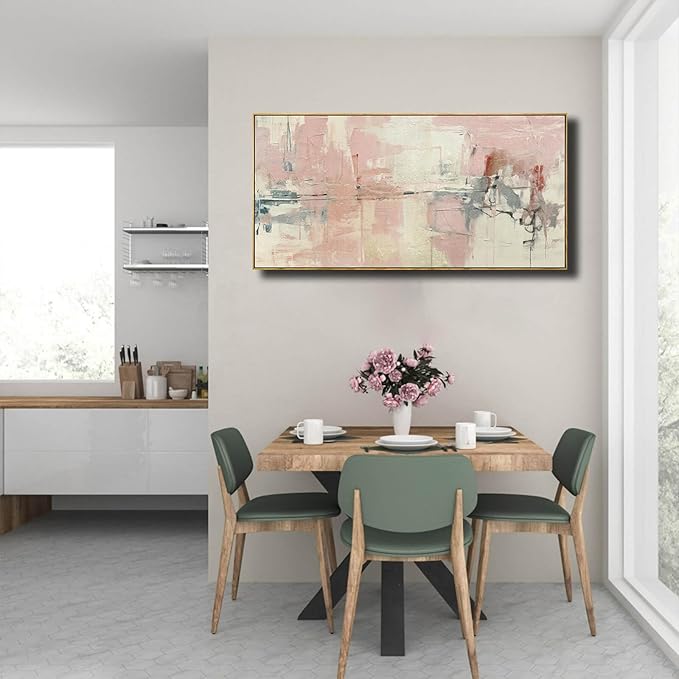 YJYart Living Room Decor Pink Canvas Wall Art 24"x 48"Abstract Wall Art White Canvas Picture Bedroom Decor Framed Artwork Large Paintings for Home Decor
