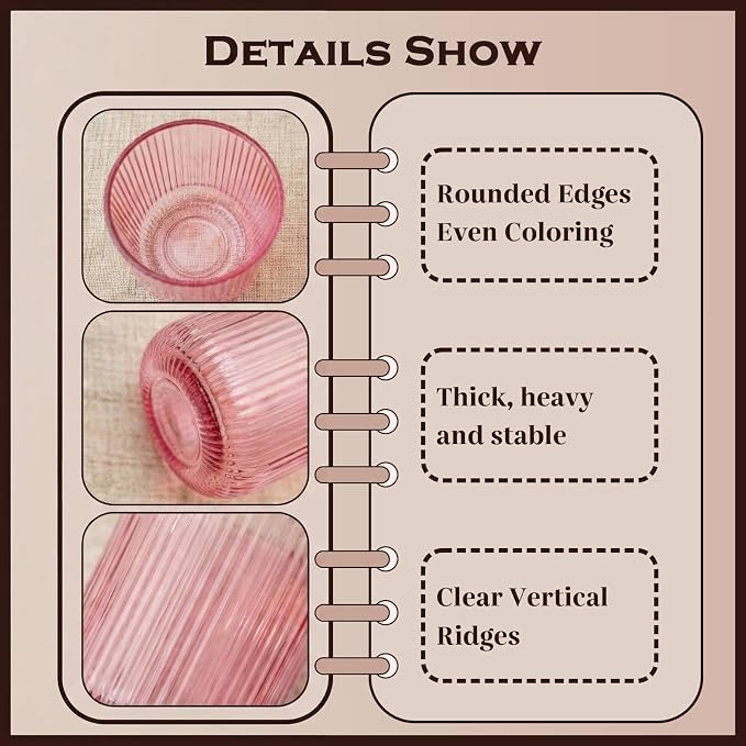 Pink Ribbed Drinking Glasses Set of 6, 8.5oz Vintage Highball Tumblers - Image 5
