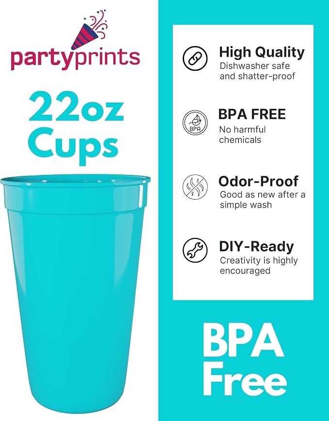 PartyPrints 10 Pack 22 oz Turquoise Reusable Blank Plastic Cups, Colored - Image 2